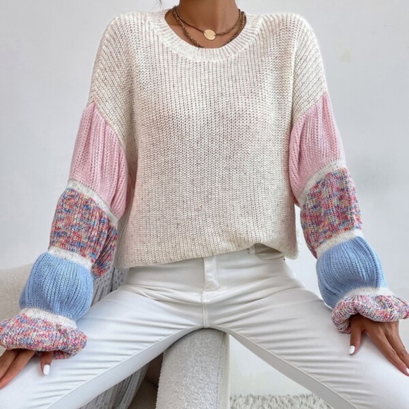 Cozy Color Block Puff Sleeve Sweater Top - Picture 5 of 5